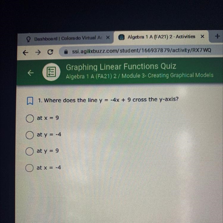 A 1. Where does the line y = -4x + 9 cross the y-axis?-example-1