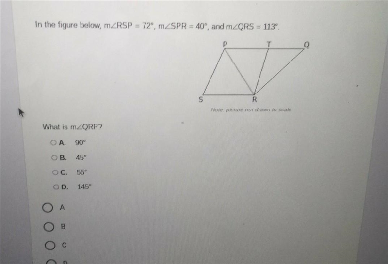 In the figure below, mZRSP = 72º, mZSPR = 40", and mZQRS = 113° T S R Note picture-example-1