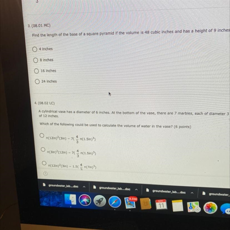 3.(08.01 MC) Find the length of the base of a square pyramid If the volume is 48 cubic-example-1