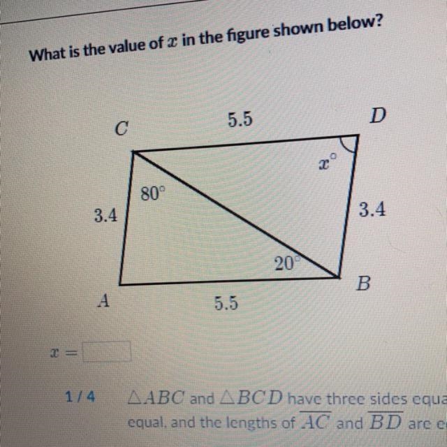 What is the value of x in the figure shown below? C 5.5 D 20 80° 3.4 3.4 20° A B 5.5-example-1