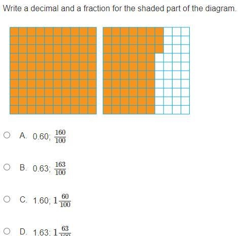 Write a decimal and a fraction for the shaded part of the diagram. A. 0.60; 160/100 B-example-1