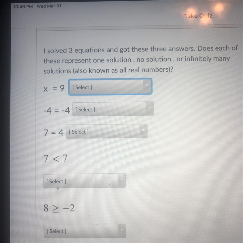 The awnser Choice for each on is( one solution no solution infinity many solutions-example-1