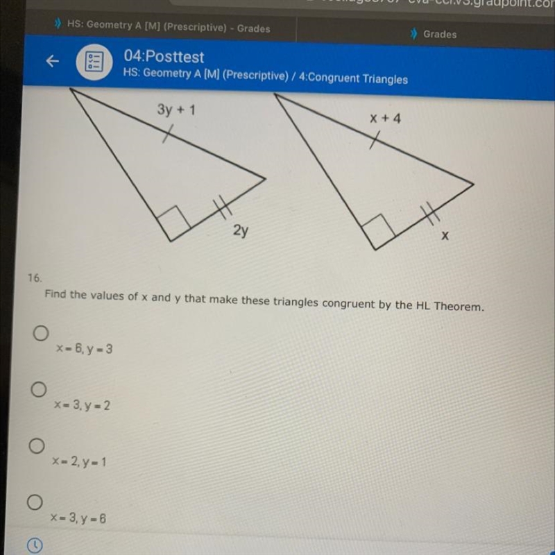 Find the values of x and y that make these triangles congruent by the HL Theorem-example-1