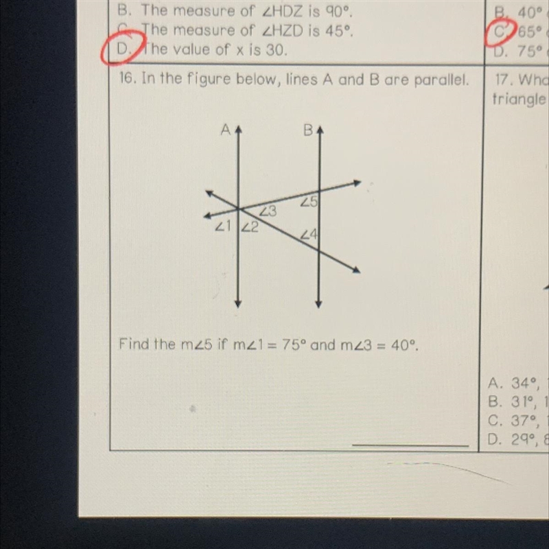 16. In the figure below, lines A and B are parallel.-example-1