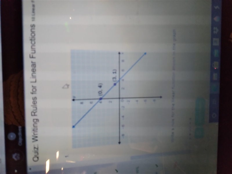 Write a rule for the linear function shown in the graph. y = –x + 4 y = x – 4 y = 3x-example-1