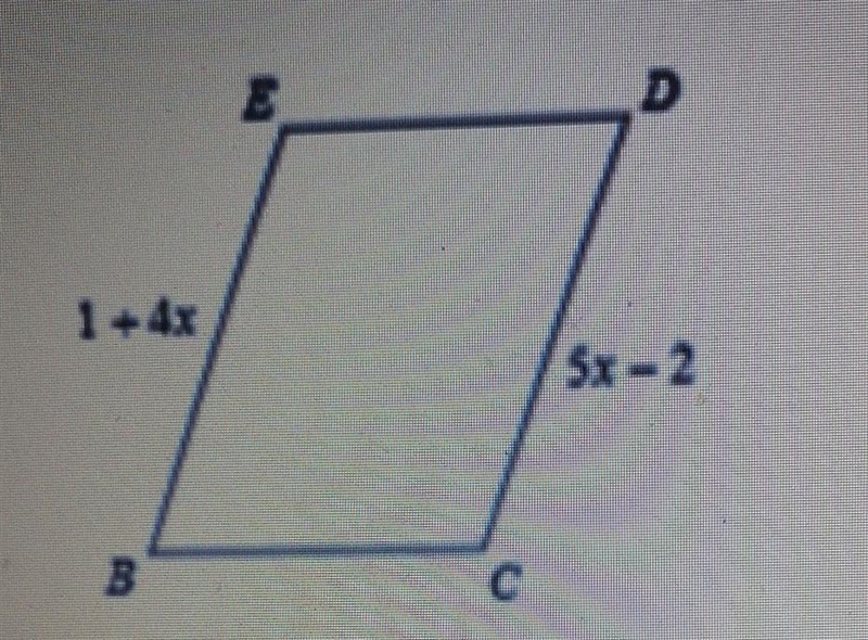 Given parallelogram BCDE what is the equation to find x? what is x? what is length-example-1