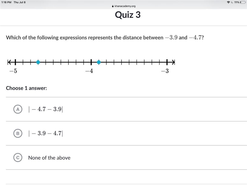 Which of the following expressions represents the distance between -3.9 and -4.7-example-1