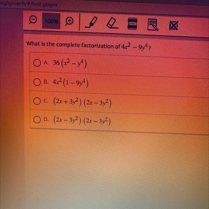 What is the complete factorization of 4x2 - 9y4?-example-1