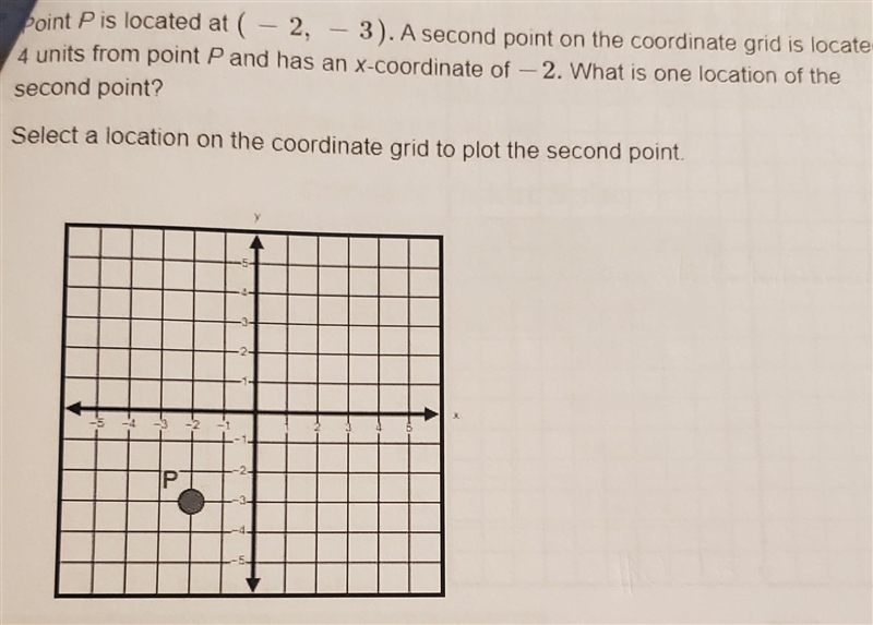 Point P is located at (-2, -3). A second point on the coordinate grid is located 4 units-example-1