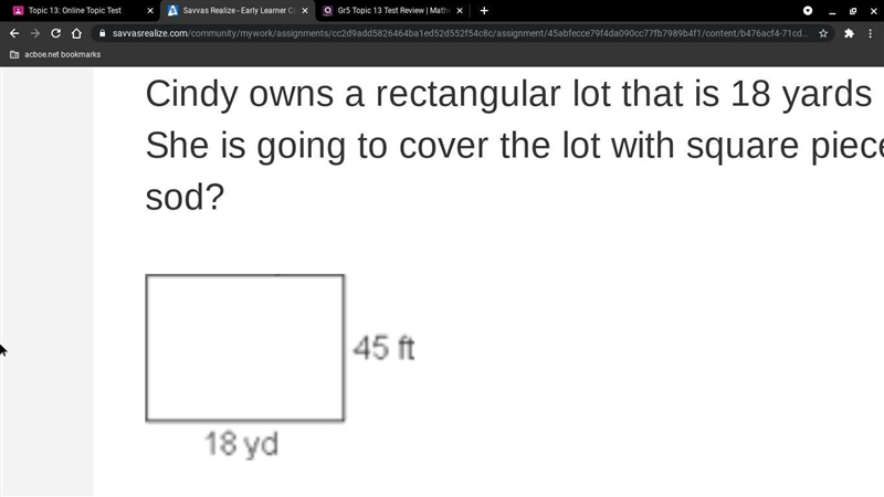 Cindy owns a rectangular lot that is 18 yards long and 45 feet wide. She is going-example-1