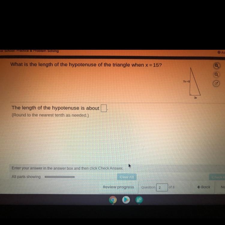 What is the length of the hypotenuse of the triangle when x=15?-example-1