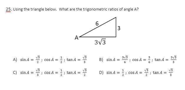 Using the triangle below. What are the trigonometric ratios of angle A?-example-1