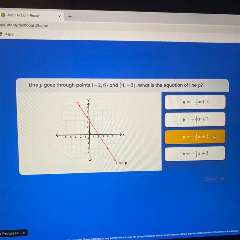 Line p goes through points (-2,6) and (4,-3) what is the equation of line p?-example-1