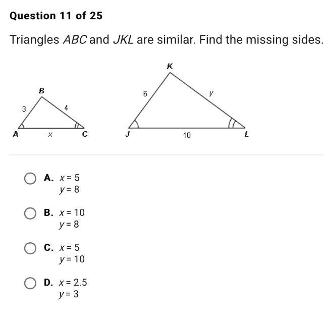 Triangles ABC and JKL are similar. Find the missing sides.-example-1