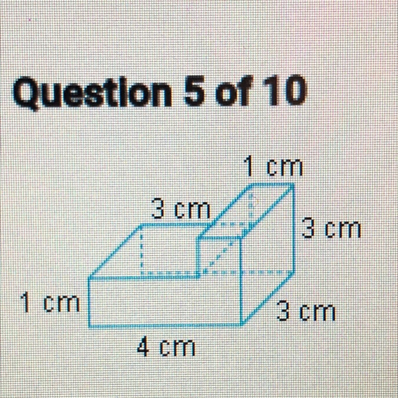 Find the surface area of the above solid. A. 43 cm2 B. 52 cm2 C. 50 cm2 O D. 54 cm-example-1