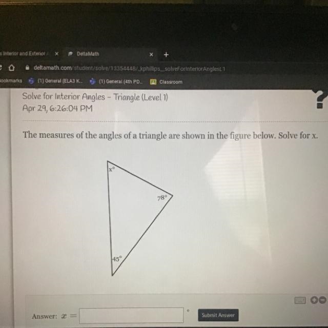 The measures of the angles of a triangle are shown in the figure below. Solve for-example-1