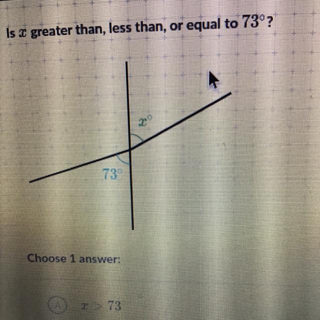 Is x great than, less than, or equal to 73 degrees-example-1