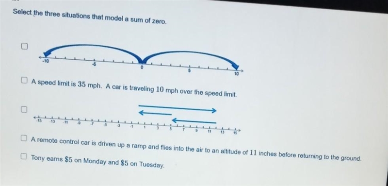 Select the three situations that model a sum of zero. Explain your answer. ​-example-1