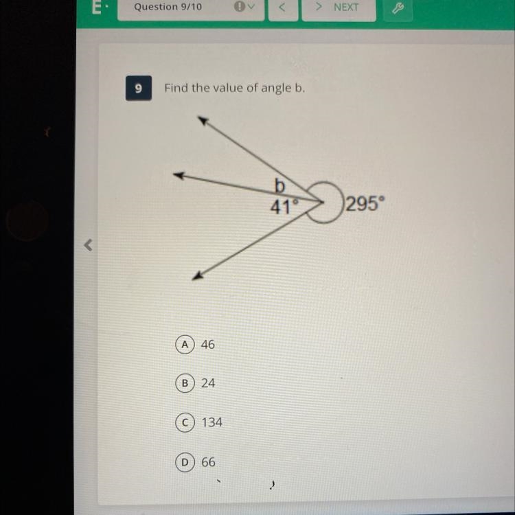 Find the value of angle b A: 46 B:24 C:134 D:66-example-1