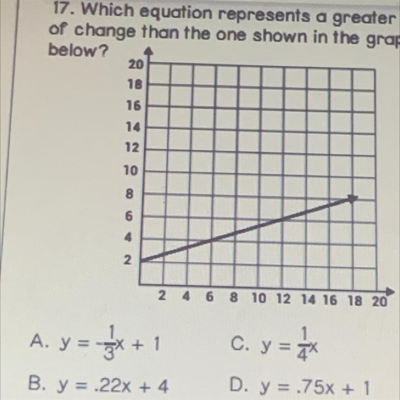 17. Which equation represents a greater rate of change than the one shown in the graph-example-1