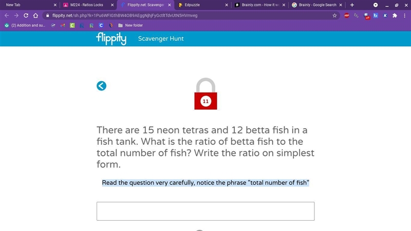 There are 15 neon tetras and 12 betta fish in a fish tank. What is the ratio of betta-example-1