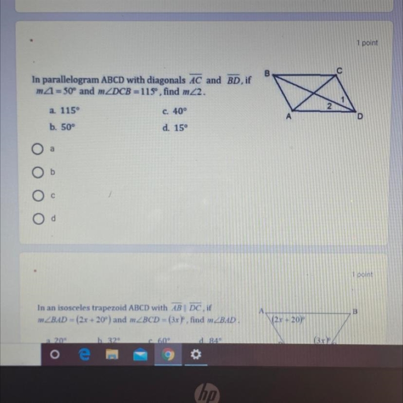 In parallelogram ABCD with diagonal AC and BD,If angle 1 =50 angleDCB =115 find angle-example-1