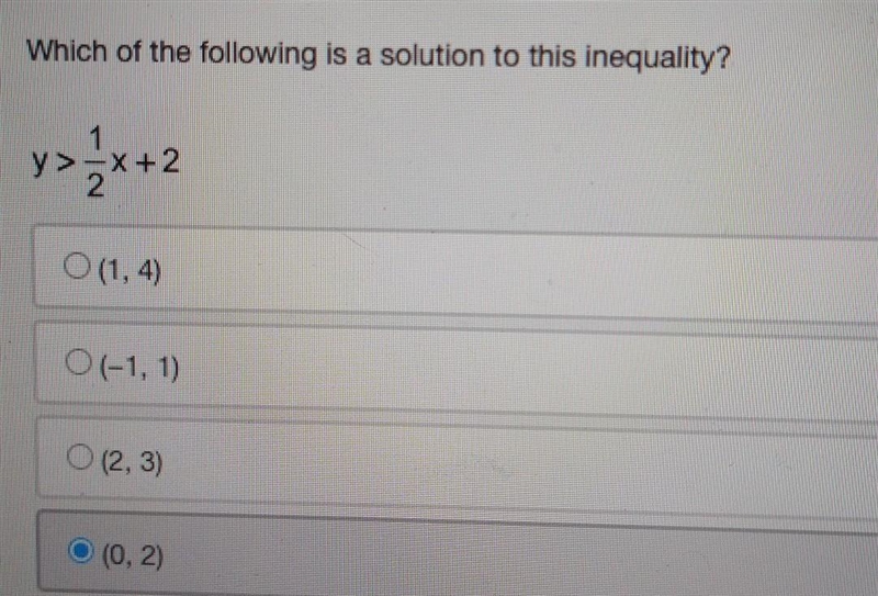 Which of the following is a solution to this inequality? y > 1/2x + 2​-example-1