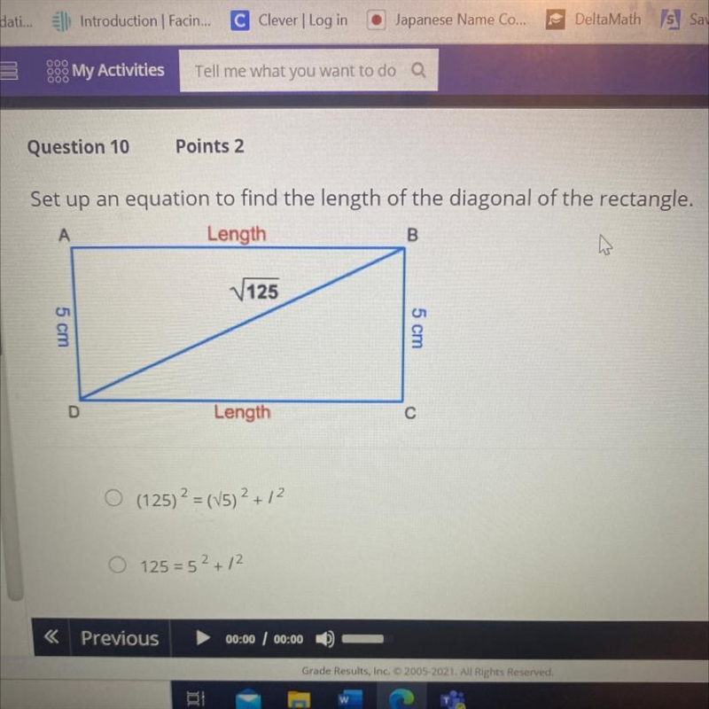 Set up an equation to find the length of the diagonal of the rectangle.-example-1