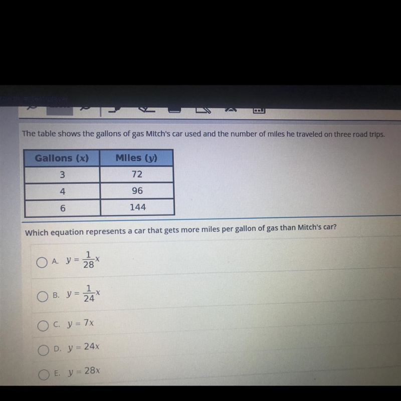 Which equation represents a car that gets more miles per gallon of gas than Mitch-example-1