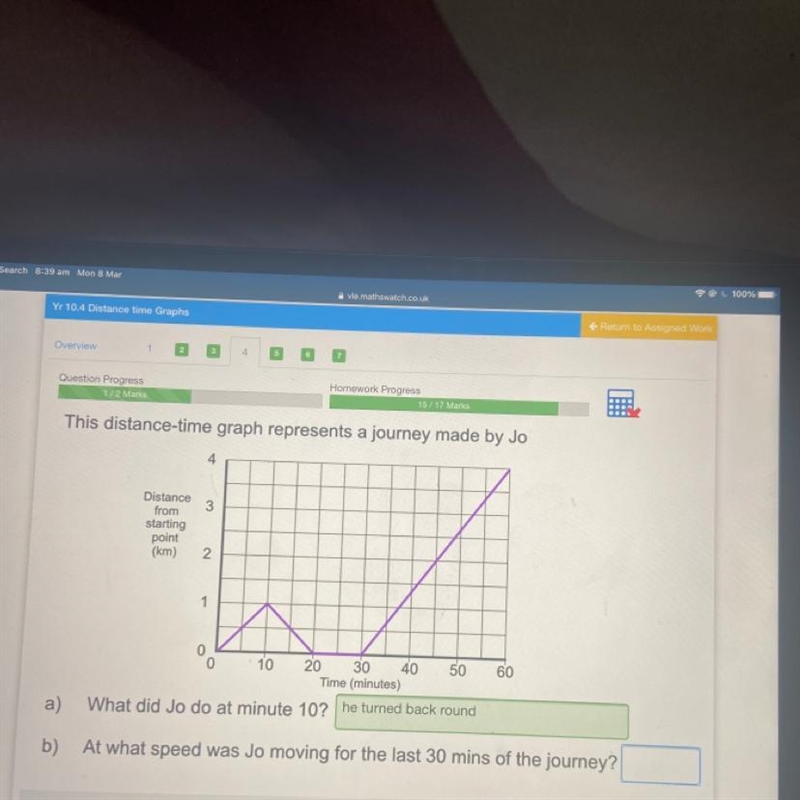 this distance-time graph represents journey made by jo. at what speed was jo moving-example-1