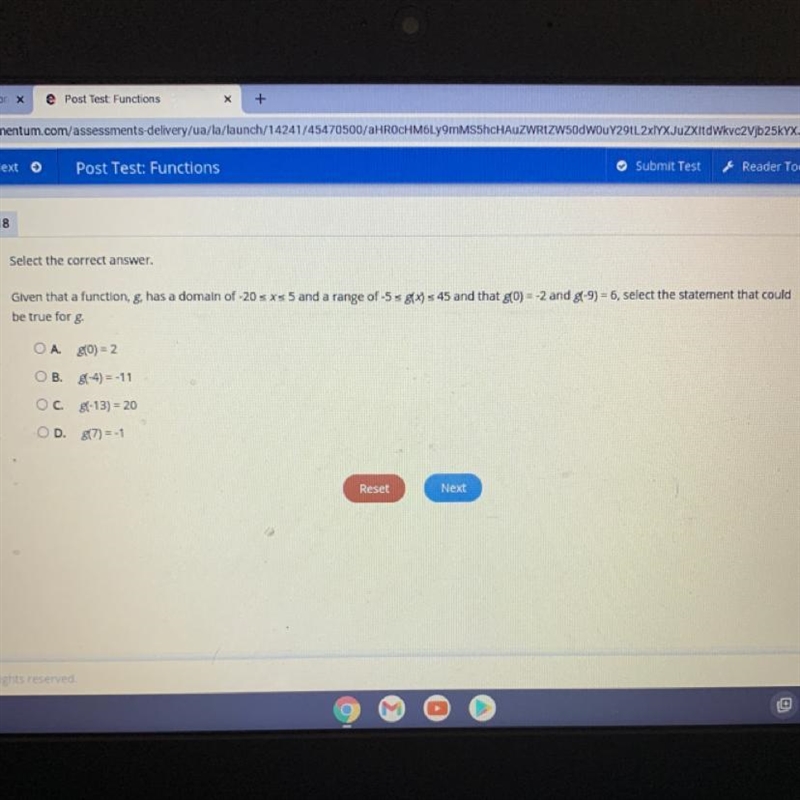 Given that a function, g, has a domain of -20 sxs 5 and a range of -5 s g(x) = 45 and-example-1