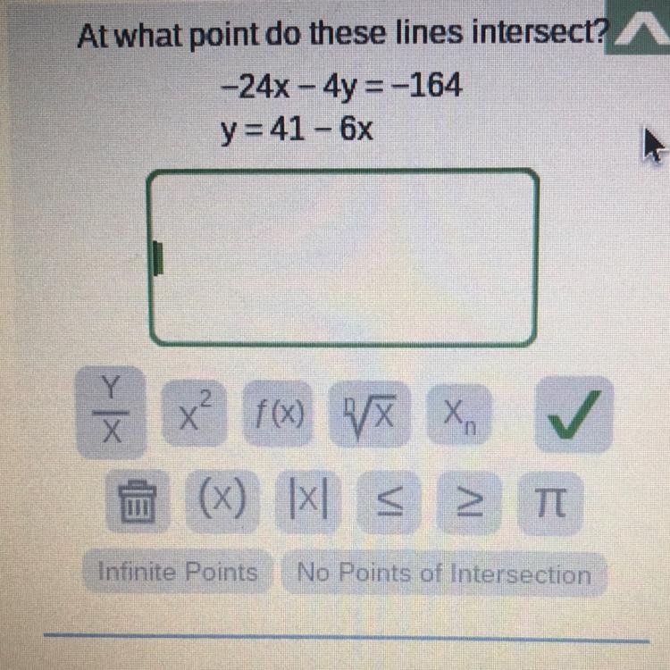 At what point do these lines intersect? A -24x - 4y =-164 y=41 - 6x-example-1