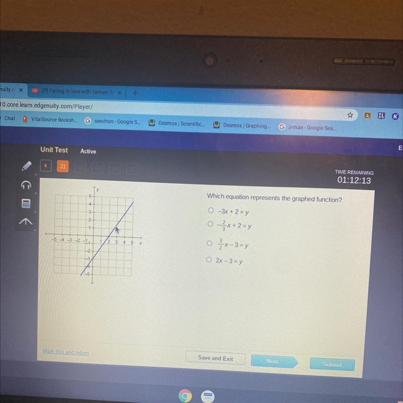 Which equation represents the graphed function? O-3x + 2 = y 0 x+2=y ox-3=y O 2x - 3= y-example-1