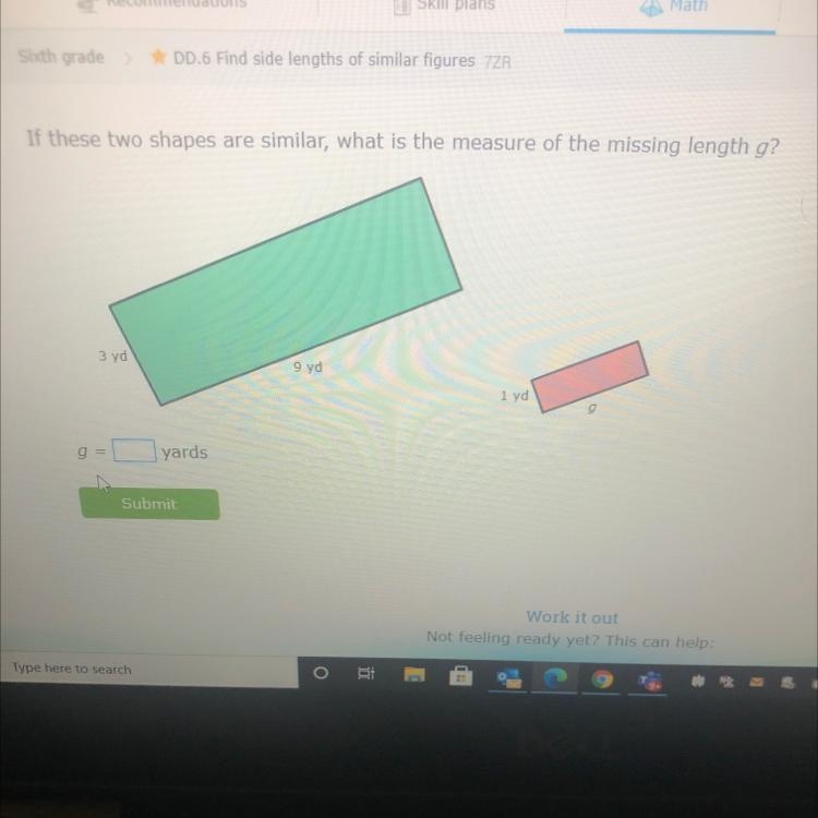 If these two shapes are similar, what is the measure of the missing length g? 3 yd-example-1