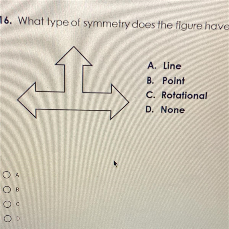 16. What type of symmetry does the figure have? A. Line B. Point C. Rotational D. None-example-1