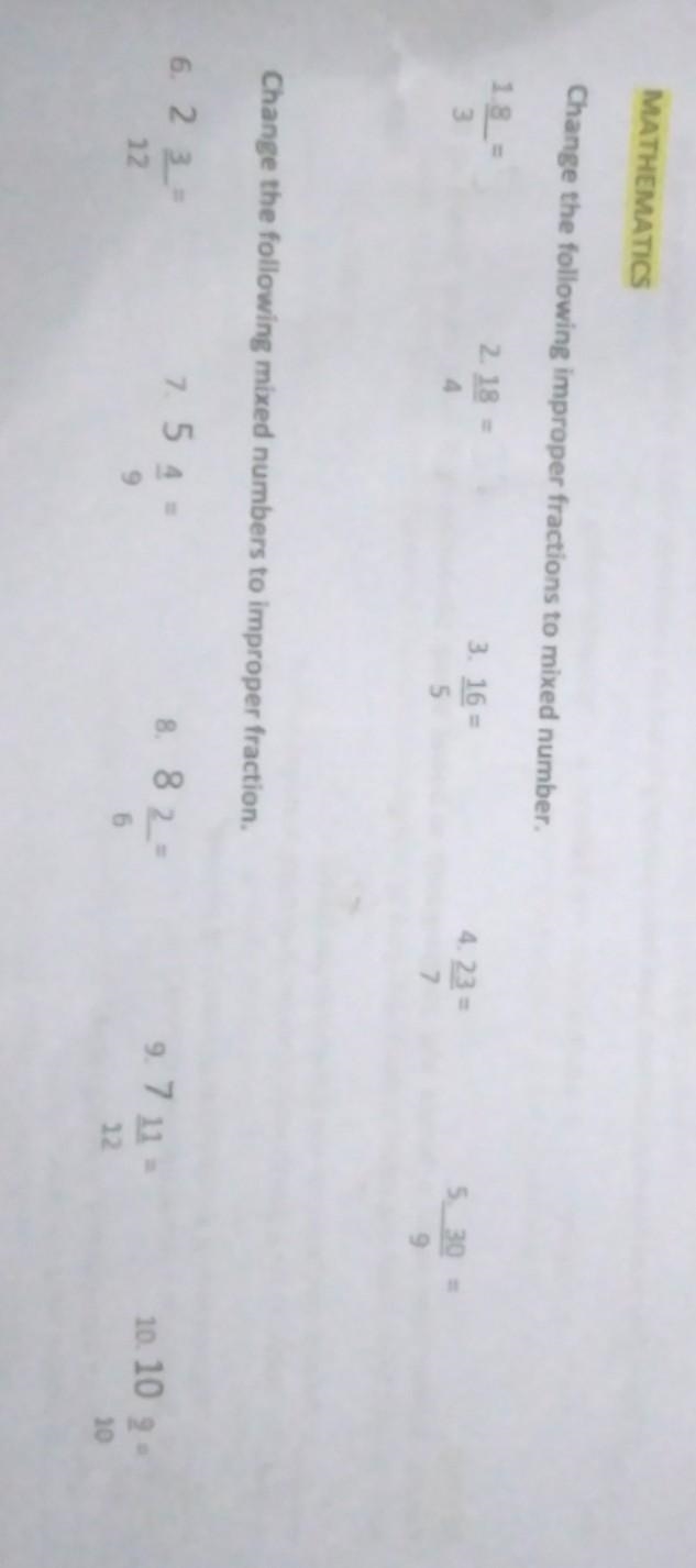 1–5 change the following improper fractions to mixed number. 6–10 change the following-example-1