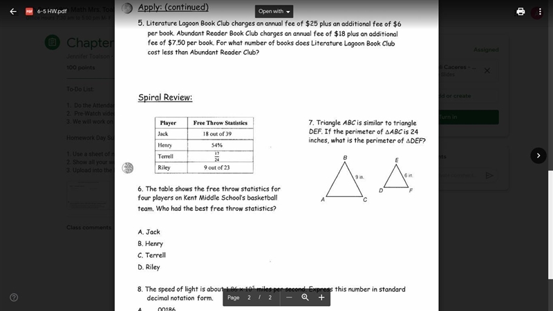 triangle abc is similar to triangle def. if the perimeter of abc is 24 inches whats-example-1