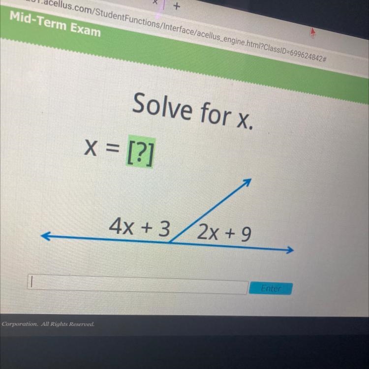 Solve for x. x = [?] 4x + 3 2x + 9-example-1