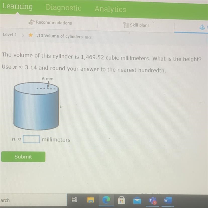 The volume of this cylinder is 1,469.52 cubic millimeters. What is the height? Use-example-1