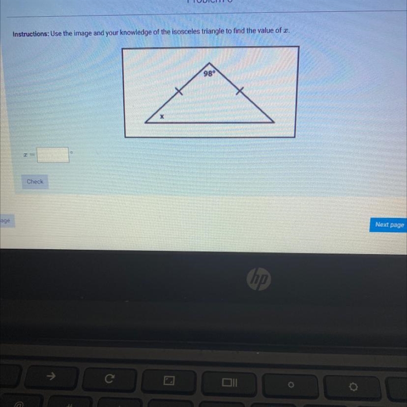 Use the image and your knowledge of the isosceles triangle to find the value of x-example-1