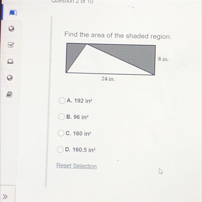 Find the area of the shaded region. 8 in 24 in-example-1