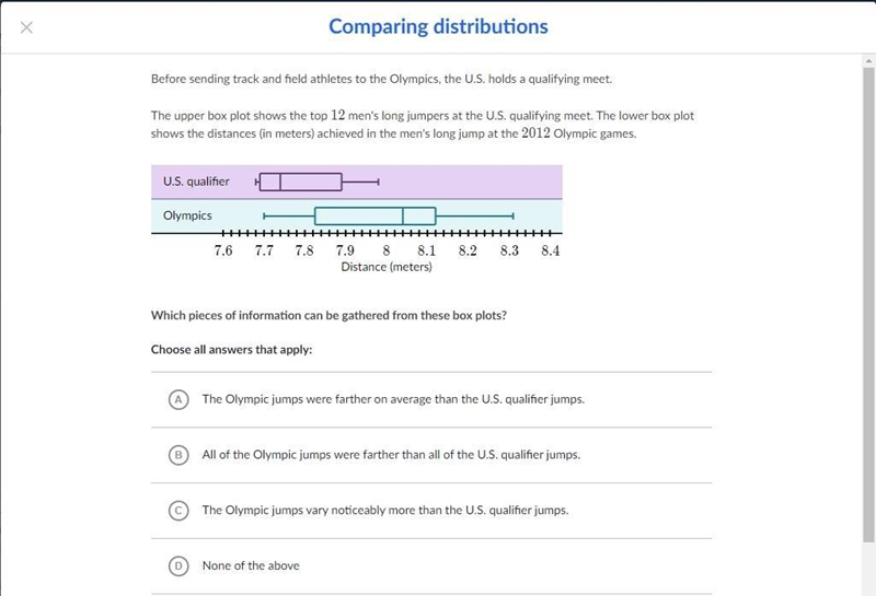 Which pieces of information can be gathered from these box plots?-example-1