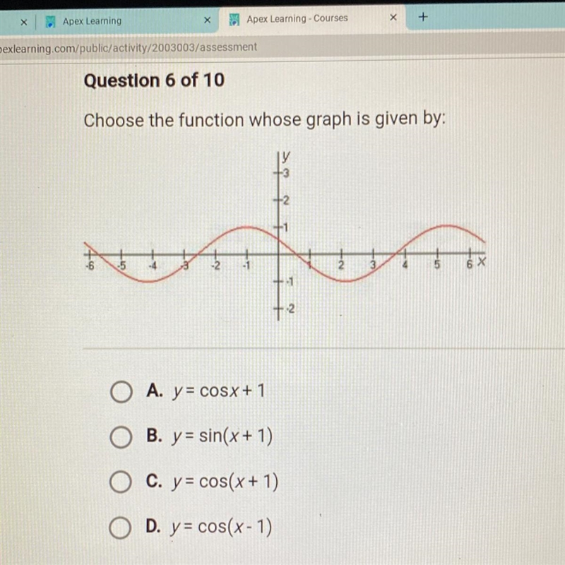 PLEASE HELP Choose the function whose graph is given by: A. y = cosx + 1 B. y= sin-example-1