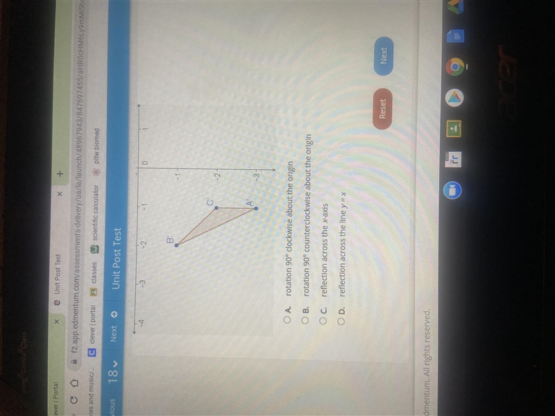 What single transformation maps triangle ABC onto A’B’C?-example-2