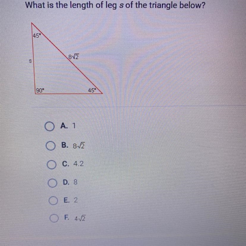 What is the length of leg s of the triangle below?-example-1