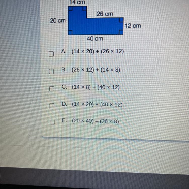 Geoff found the area of the figure. Which expressions could he have used? Select all-example-1