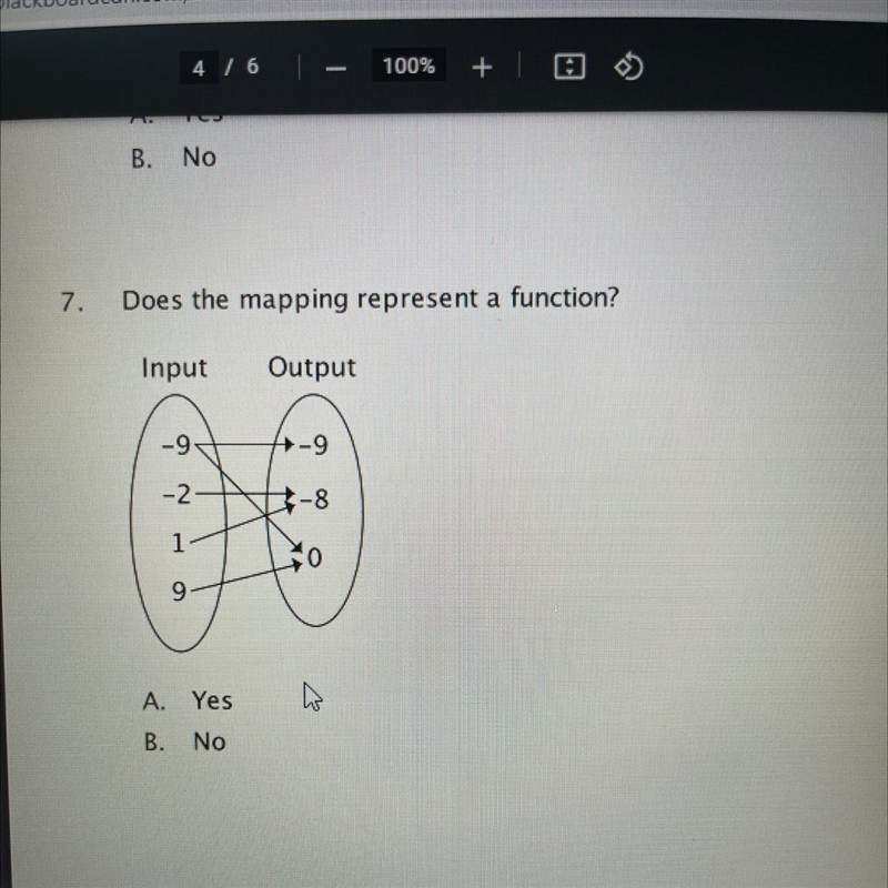 7. Does the mapping represent a function? Input Output -9 A-9 -2 -8 1 so 9 A. Yes-example-1