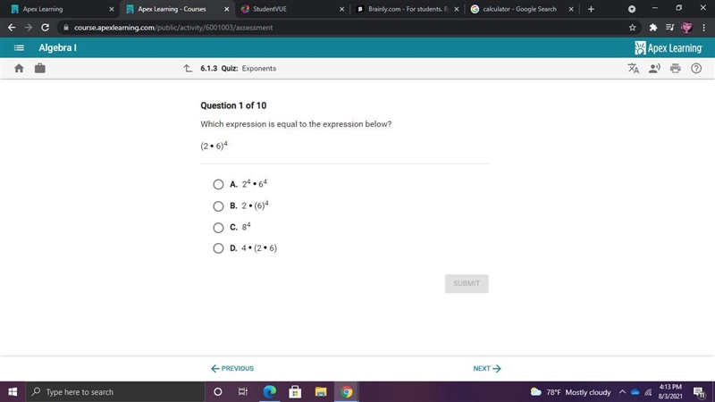 Which expression is equal to the expression below? (2x6)^4-example-1