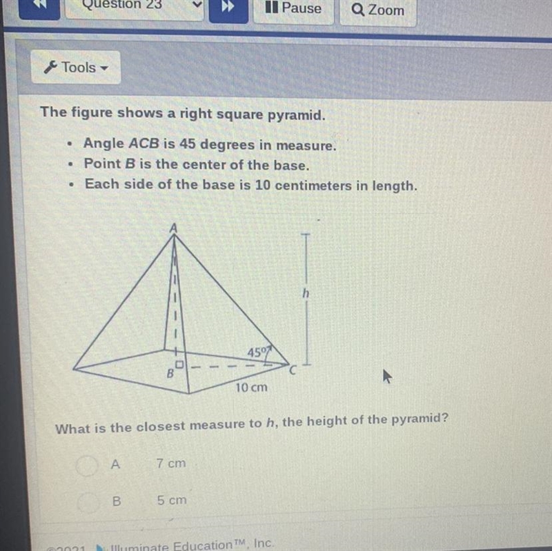 What is the height of the pyramid ??? Answers: A: 7cm B: 5cm C: 14 cm D: 10 cm-example-1