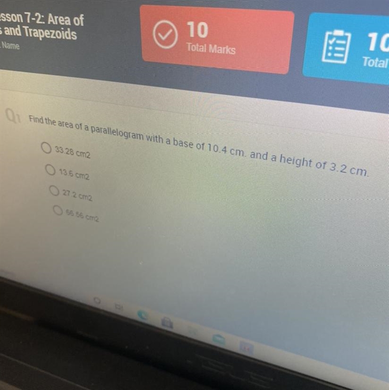 Find the area of a parallelogram with a base of 10.4 cm. and a height of 3.2 cm.-example-1